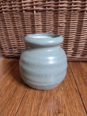 Handmade Studio Pottery Vase Blue Gray Green Glazed Bud Vase Signed B Rustic